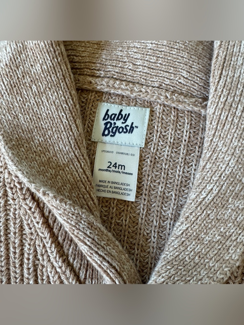 B’gosh Baby Boy Knit Shawl Collar Cardigan Jacket Tan Minimalist Classic 24M - Picture 5 of 6